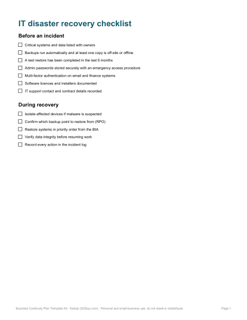 Preview of the first page of IT disaster recovery checklist