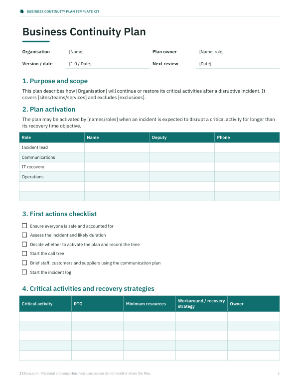 Preview of Business Continuity Plan Template
