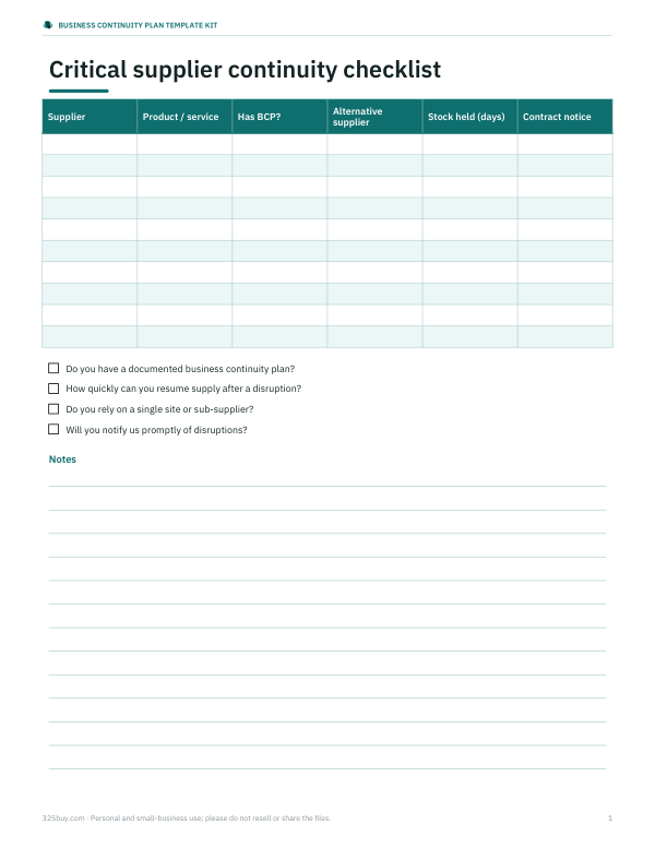 Preview of Supplier Continuity Checklist Printable
